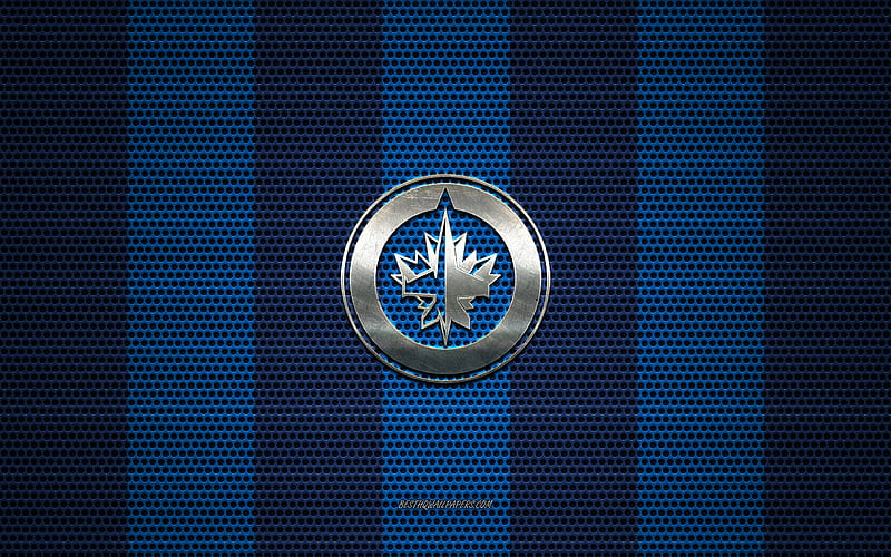 Winnipeg Jets logo, Canadian hockey club, metal emblem, blue black metal mesh background, Winnipeg Jets, NHL, Winnipeg, Manitoba, Canada, USA, hockey, HD wallpaper