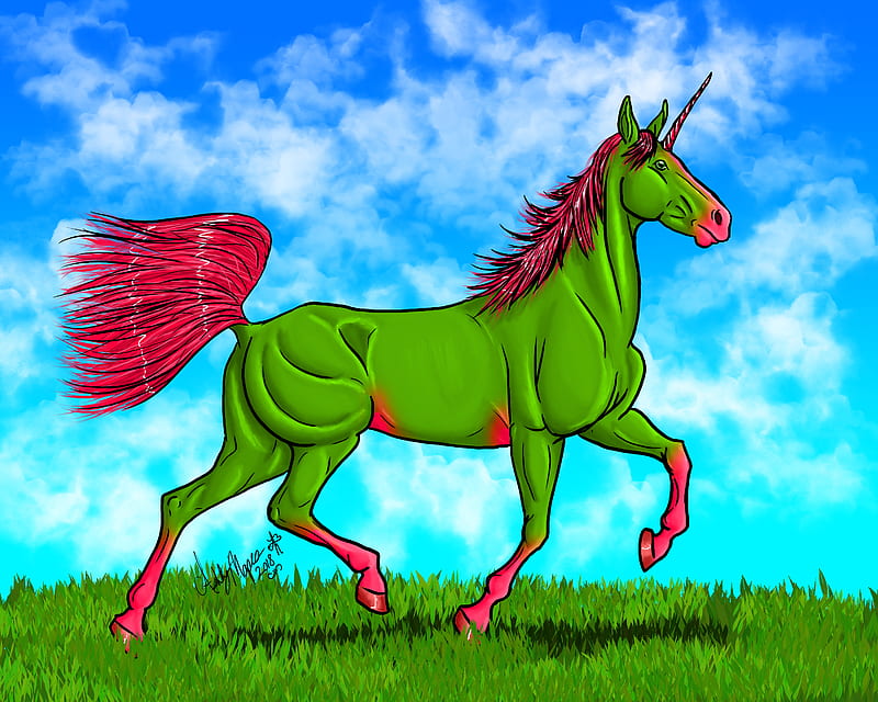 Candy Apple, animal, equine, green, horse, myth, mythological, mythology, trot, trotting, unicorn, HD wallpaper