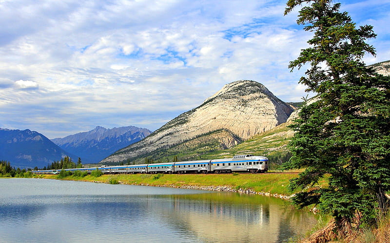 Via Rail going through Jasper Nat'l. Park, Reflection, Train, Mountains, Canada, Nature, HD wallpaper