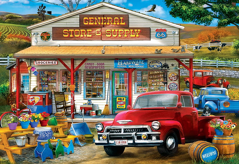 General Store And Supply, vintage, cars, artwork, painting, cows, fence, flowers, HD wallpaper
