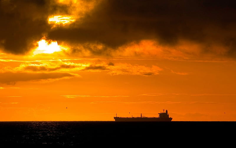 large tanker ship gliding across the horizon, sundown, horizon, tanker, clouds, sea, HD wallpaper