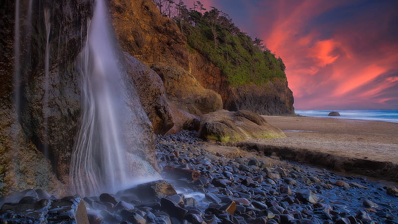 Oregon Pacific Ocean With Rock Stone And Waterfalls During Sunset Nature, HD wallpaper