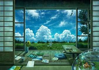 original, Anime, Landscape, Sunset, Sky, Cloud, Beautiful, Tree, Park,  Children, City |
