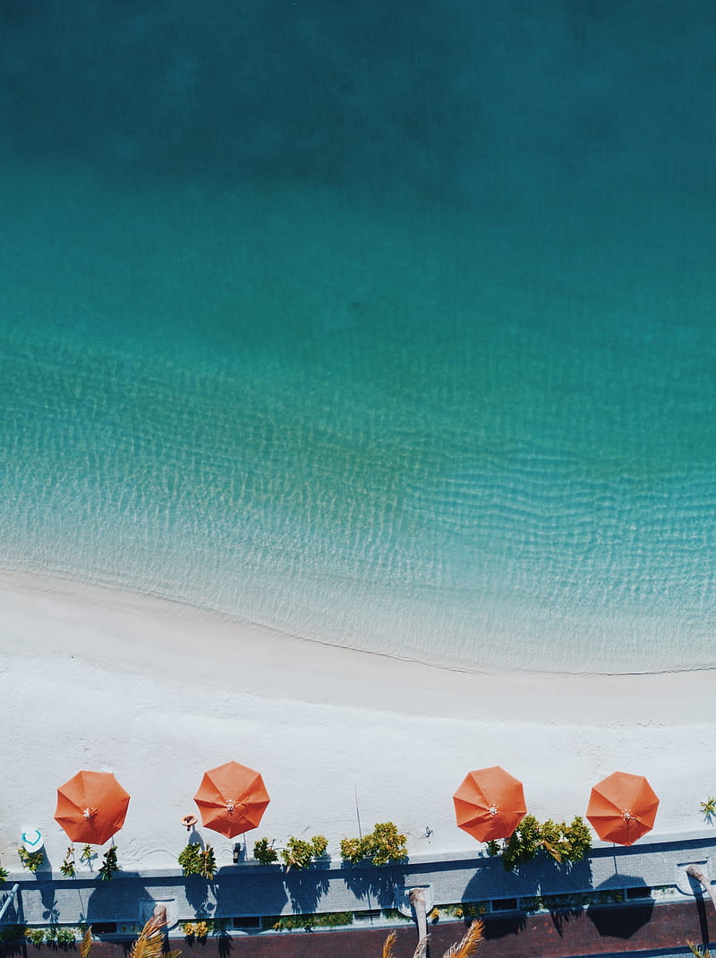 aerial graphy of four orange patio umbrellas on seashore, HD phone wallpaper