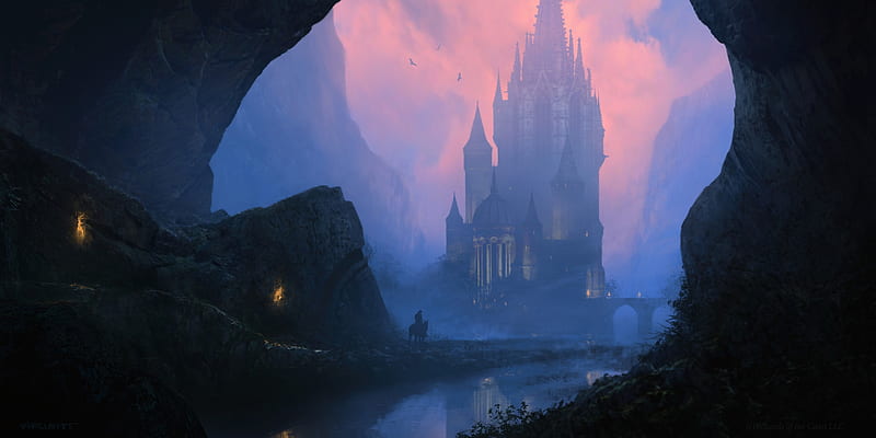 The tabernacle at Pendrell Vale, world, art, water, fantasy, luminos, richard wright, pink, blue, castle, HD wallpaper
