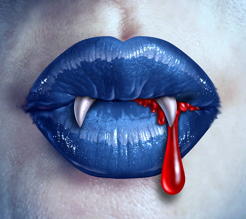 Blue Lips, blue devil lips, red blood, HD wallpaper