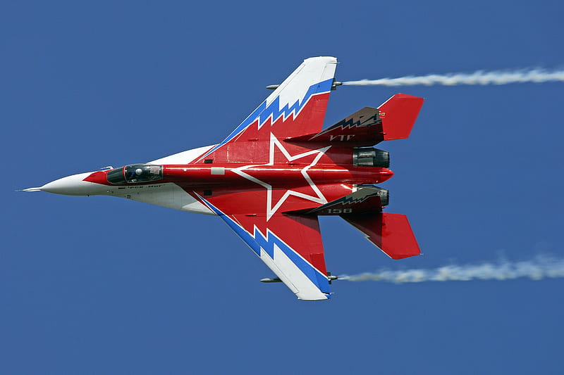 MiG 29 Fulcrum, red, fighter, fulcrum, 29, mig, airplane, plane, russian, white, jet, mig-29, star, blue, HD wallpaper