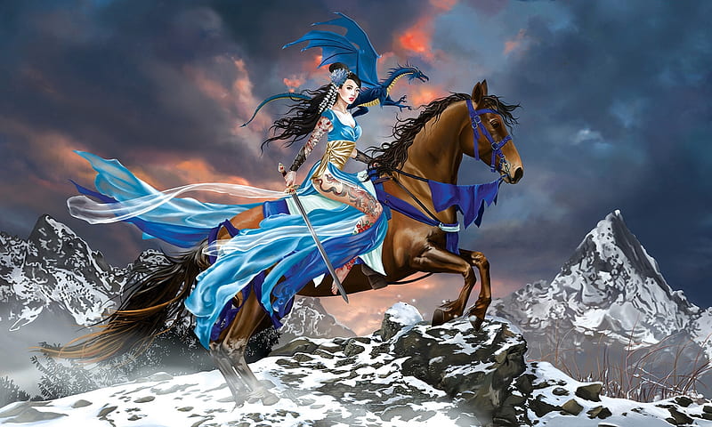 Asian Princess Going to War, dreamy, Horse, snow, mountains, fantasy gir, Fantasy, sword, Digital art, lovely, Dragon, HD wallpaper