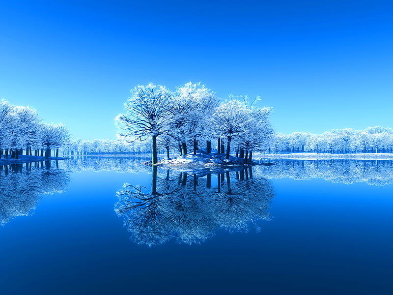 Winter frost, trees, sky, lake, mirrored, winter, water, reflection, frozen, blue, frost, HD wallpaper