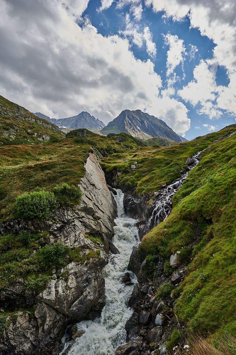 mountains, stream, stones, grass, relief, HD phone wallpaper