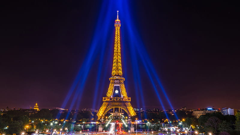 Yellow Lighting Paris Eiffel Tower Around Blue Lights With Black Sky Background Travel, HD wallpaper