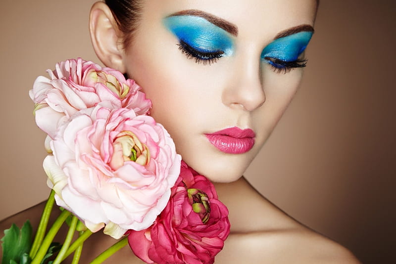Beauty, ranunculus, model, oleg gekman, woman, lips, make-up, girl, flower, face, pink, blue, HD wallpaper