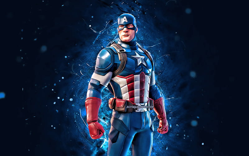 Captain America blue neon lights, 2020 games, Fortnite Battle Royale, Fortnite characters, Captain America Skin, Fortnite, Captain America Fortnite, HD wallpaper