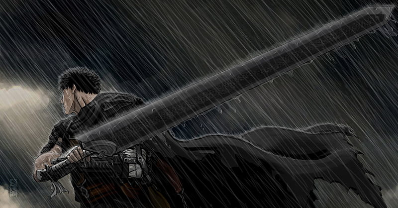In the Rain, clouds, guts, weapons, spiky hair, cape, anime, rain, berserk, sword, HD wallpaper