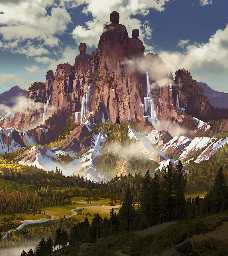 artwork, digital art, mountains, landscape, HD phone wallpaper