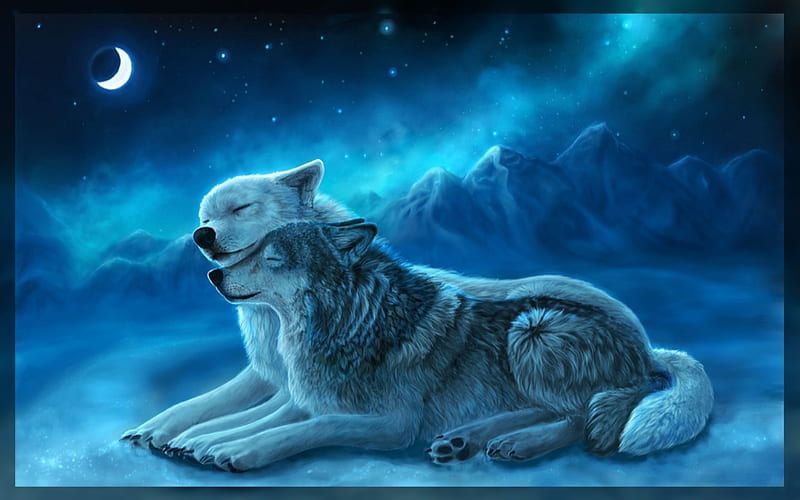 TOGETHERNESS, stars, moon, snow, mountains, wolves, sky, night, winter, HD wallpaper