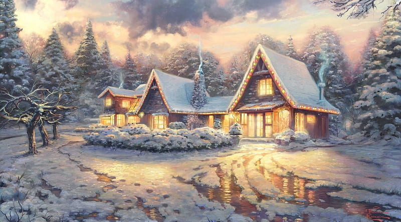 Christmas lodge, Christmas, art, holiday, painting, Xmas, landscape, scene, winter, HD wallpaper