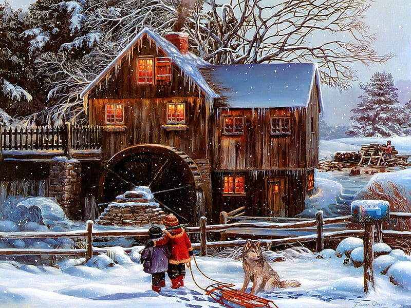 Toasty inside, mill, children, bonito, lights, cold, nice, painting, inside, sledge, friends, kids, frost, dog, art, lovely, holiday, trees, winter, toasty, snow, ice, peaceful, frozen, HD wallpaper
