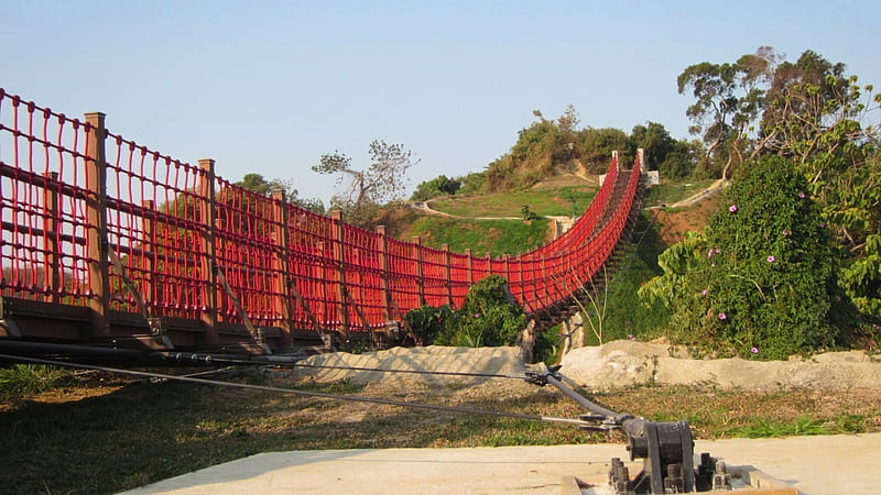 Suspension bridge, mountain, red, hiking, HD wallpaper