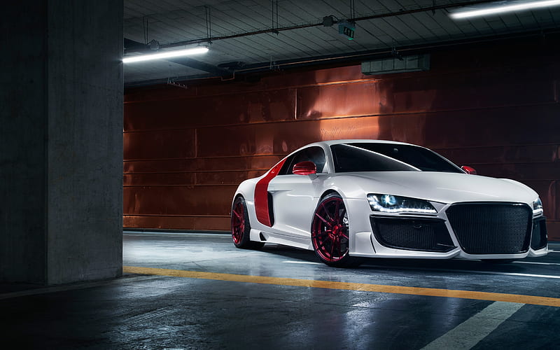Audi R8, 2018, white sports coupe, tuning R8, red luxury wheels, supercar, German sports cars, Audi, HD wallpaper