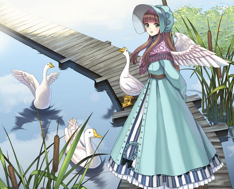 Goose Lady, hood, pretty, dress, grass, green eyes, bonito, sweet, nice, duck, bridge, anime, feather, hot, beauty, anime girl, long hair, female, lovely, brown hair, angel, gown, sexy, goose, lake, pond, cute, water, girl, HD wallpaper