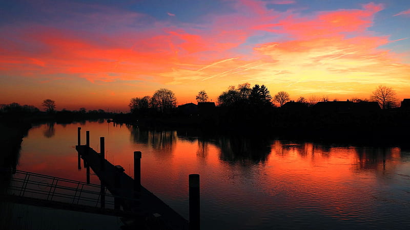 Colorful Sunset in Northern Germany, clouds, sky, trees, houses, pier, river, HD wallpaper
