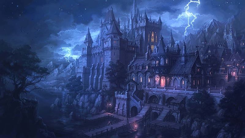 Castle, art, luminos, halloween, uchio kazumasa, storm, fantasy, pink, blue, night, HD wallpaper