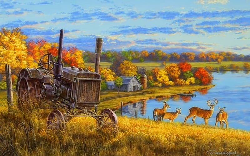 Deer & Rusty Tractor, lakes, fall season, autumn, tractor, colors, love four seasons, farms, attractions in dreams, deer, paintings, nature, animals, HD wallpaper