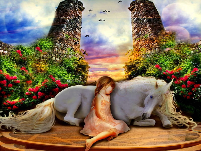 Sense of Belonging, magic, fantasy, girl, unicorn, HD wallpaper