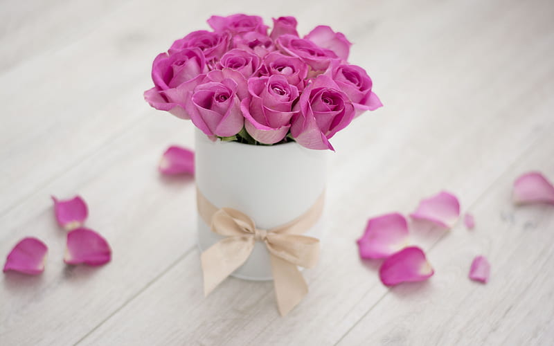 bouquet of pink roses, gift of roses, pink flowers, beautiful roses, silk bow, HD wallpaper