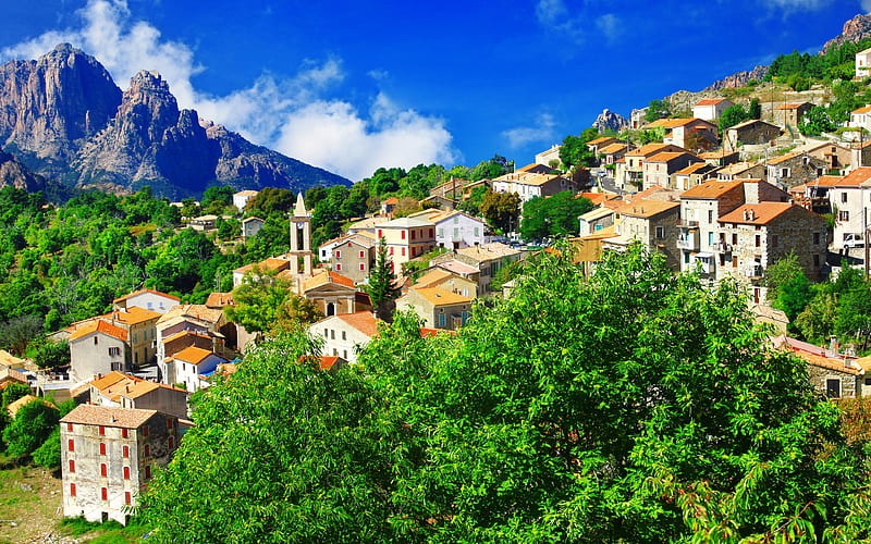 Corsica mountains, summer, village, France, Europe, HD wallpaper