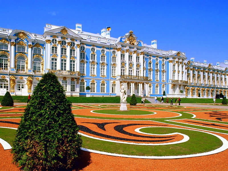 Catherine Palace, statue, gilt, garden, Palace, trees, HD wallpaper