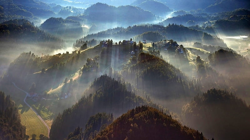 hilltops village in a foggy valley, hills, village, trees, fog, valley, HD wallpaper