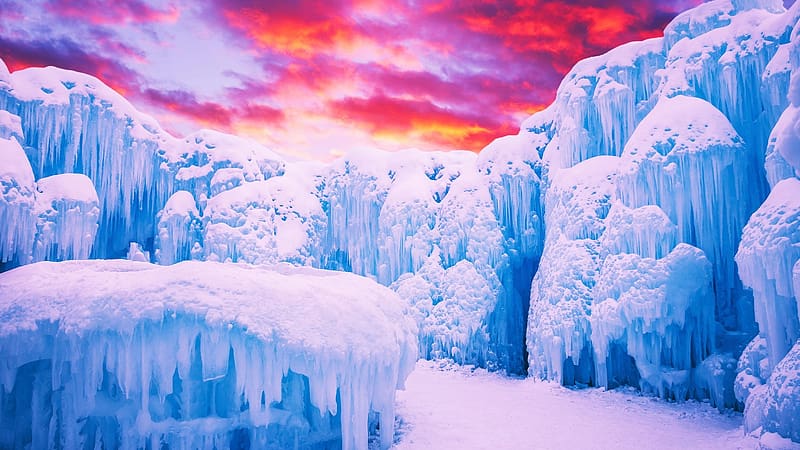 Ice Castles, Edmonton, Alberta, snow, landscape, clouds, trees, colors, sky, rocks, canada, HD wallpaper