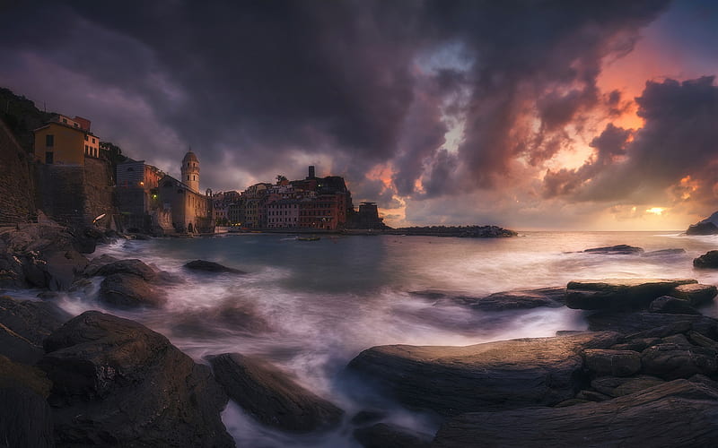 Cinque Terre, evening, sunset, seascape, beautiful Italian city, Liguria, Italy, Ligurian coast, HD wallpaper