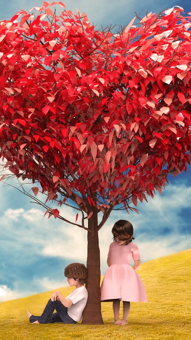 Red love tree, clouds, field, heart, kids, love, red, tree, HD phone  wallpaper | Peakpx
