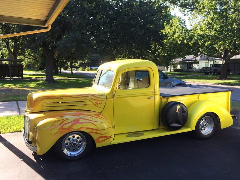 1946 Flaming Ford F100 Truck, Tire Cover, Custom, Yellow, Ford, Running Board, Beauty, Flame, Tweety Bird, Vintage, Truck, Parked, Yellow Interior, Road, HD wallpaper
