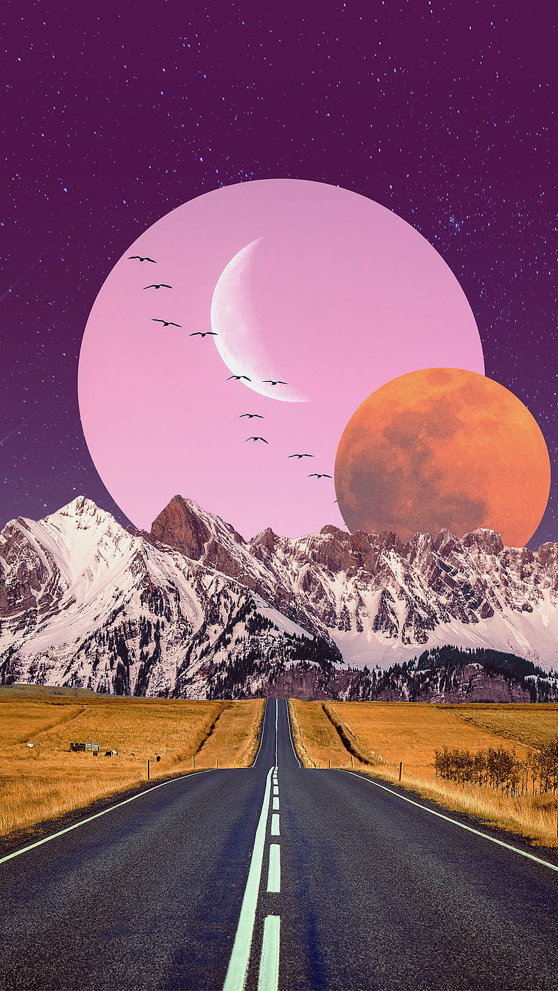 Pink Moonscape, Aaron, aesthetic, lofi, moon, sky, stars, surreal, HD phone wallpaper