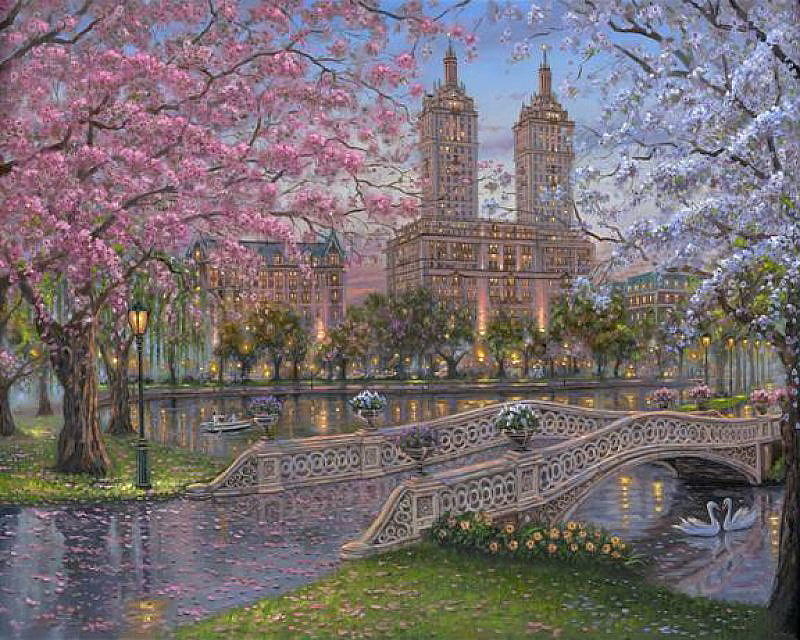 Spring in the Park, park, trees, swans, pond, building, bridge, painting, blossoms, flowers, HD wallpaper