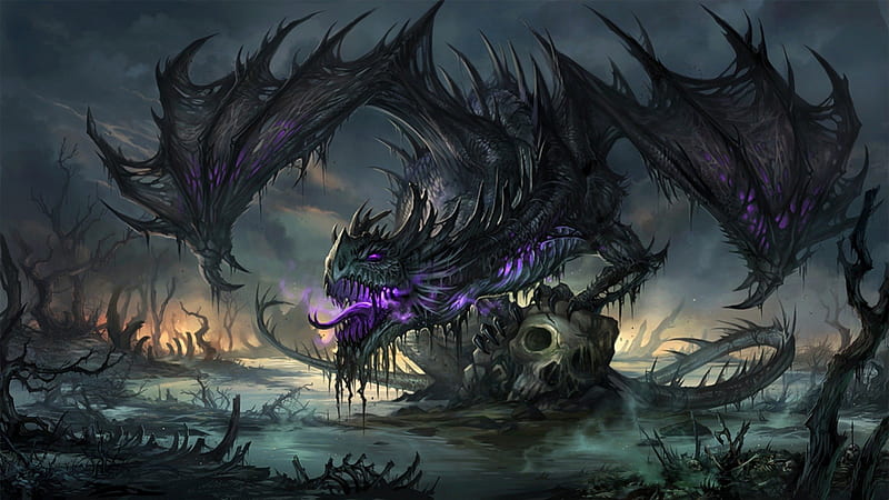 Undead Dragon, Spikes, Skulls, Acid Water, Tail, Dead Trees, Wings, Evil, HD wallpaper