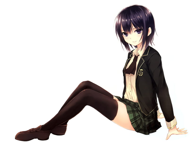 School girl, pretty, stunning, bonito, thigh highs, sexy, cute, short hair, uniform, hot, beauty, anime girl, HD wallpaper