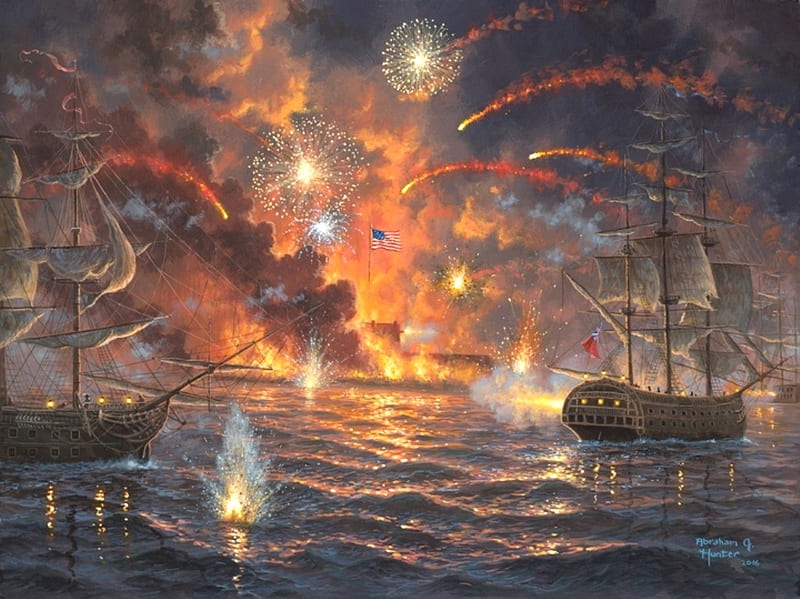 Rockets Red Glare, ships, guerra, battle, painting, artwork, sea, HD wallpaper
