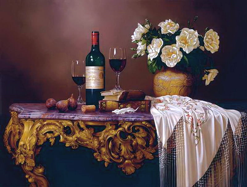 Roses and Tiffany, fruit, table, tiffany vase, wine, white roses, ornate, drape, HD wallpaper