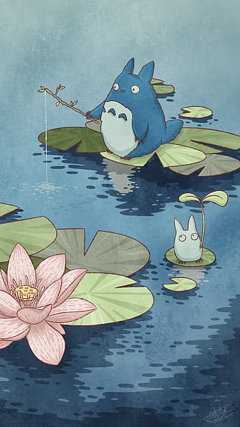 Fishing with lotus, chibitotoro, ukiyoe, blue, totoro, ghibli,  illustration, HD phone wallpaper | Peakpx