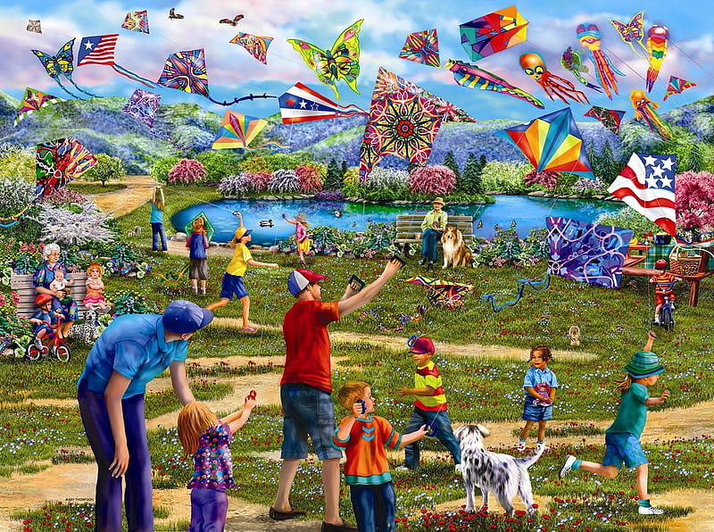 Kites in the park, colorful, art, children, man, park, kite, painting, copil, pictura, mary thompson, HD wallpaper