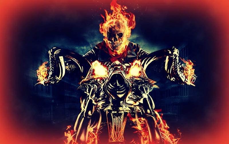 Ghost Rider, skeleton, movie, orange, yellow, motorcycle, fire, flame, skull, blue, HD wallpaper