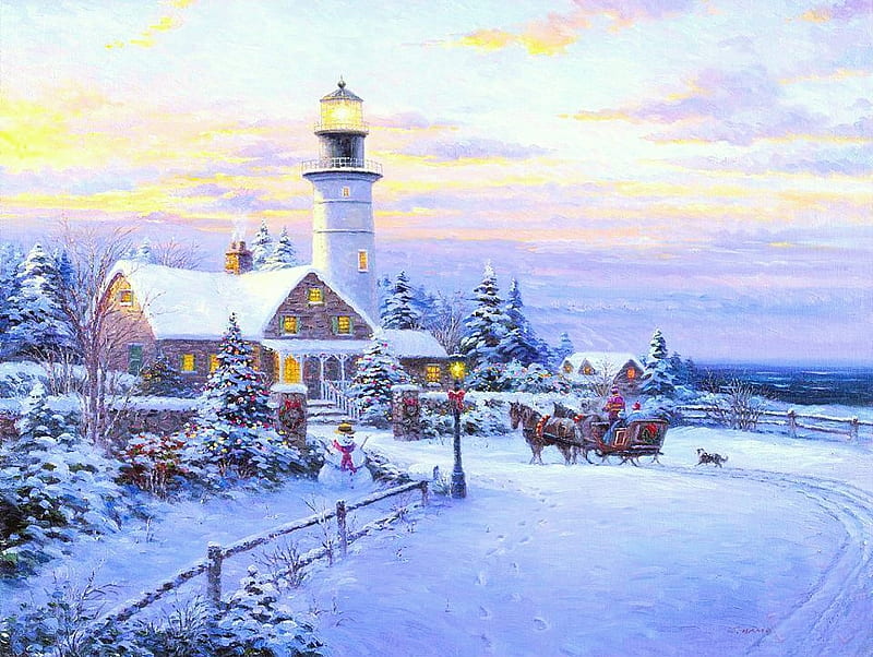 Christmas At The Sea, sleigh, cottage, horse, snowman, artwork, lighthouse, winter, snow, decorations, painting, HD wallpaper