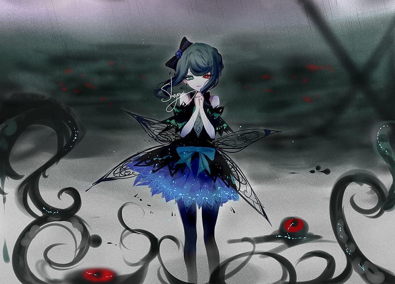 anime fairy girl, heterochromia, wings, raining, smiling, Anime, HD wallpaper