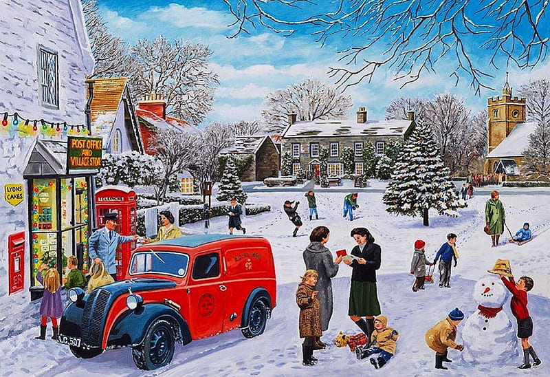 Postmans Collection, christmas, van, post, winter, tree, cards, snow, letters, painting, postman, shops, village, HD wallpaper