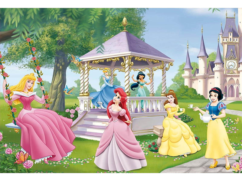 Disney princesses, fantasy, girl, summer, park, princess, disney, HD wallpaper